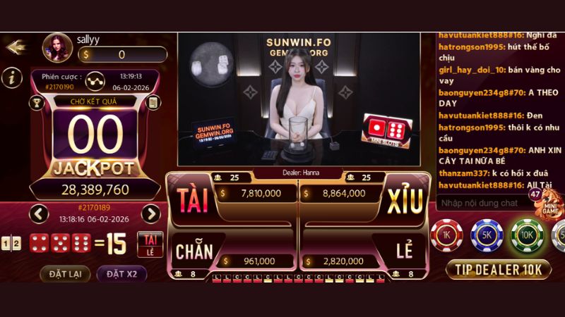 Giao diện chính của sảnh chơi tài xỉu trên Sunwin