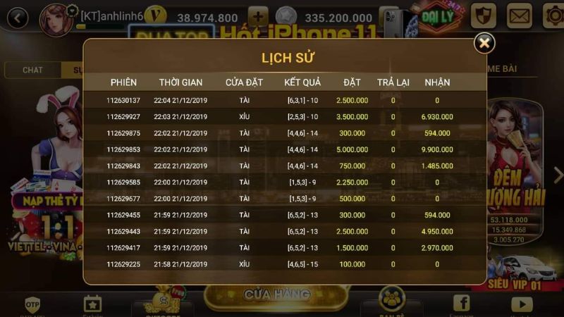 Hình chụp kết quả ván tài xỉu khi người chơi chọn sai cửa